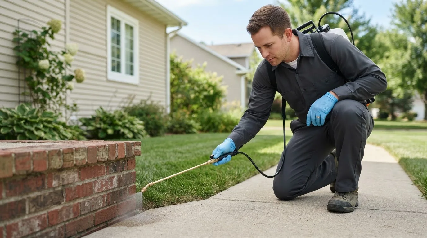 Pest control technician treating a home near Neodesha, KS
